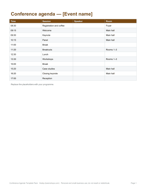 Preview of the first page of One-day agenda (DOCX/PDF)